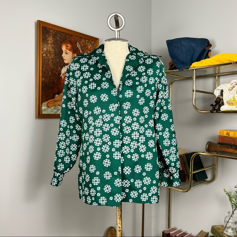 70s Patterned Button Up Blouse by Queen Casuals